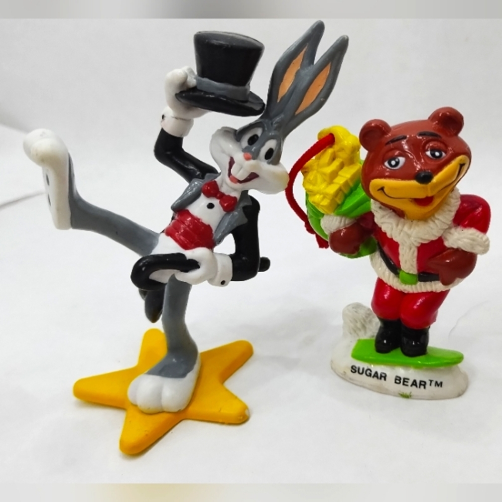 1993 Sugar Bear and 1990 Vintage Bugs Bunny Dancing Christmas Ornaments